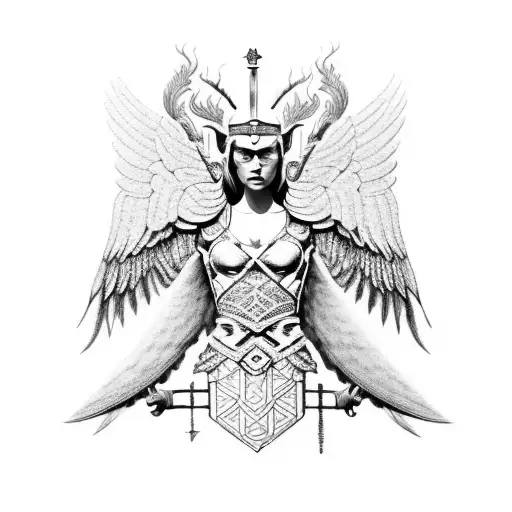 A Fierce Valkyrie Warrior With Wings Made Of Intricate Nordic Patterns