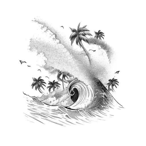 A Majestic Wave Crashing Against A Palm Tree-lined Beach