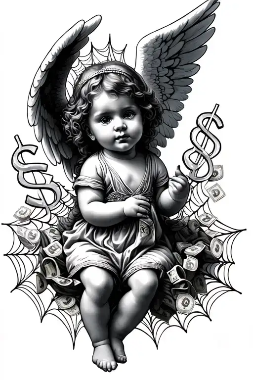 Angel Baby Holding Money And Dollar Signs And Spider Web