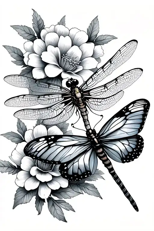 Dragonfly With Butterfly With Flowers