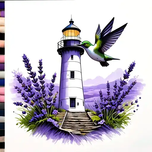 Lighthouse With Lavender And Hummingbird