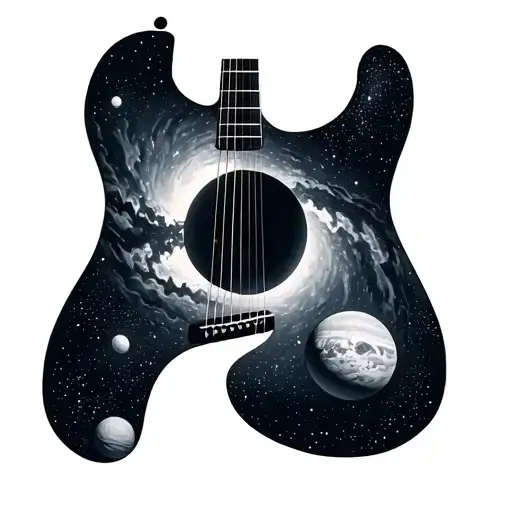 Milky Way In The Shape Of Guitar Sound Hole With Strings Having Frets Desinged As Planets
