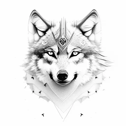 Wolf Front View Full Body With Abstract Artistic Blackbird Flock Overhead