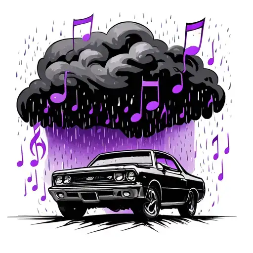 Rain Cloud Raining Violet Music Notes Over A Speeding Car