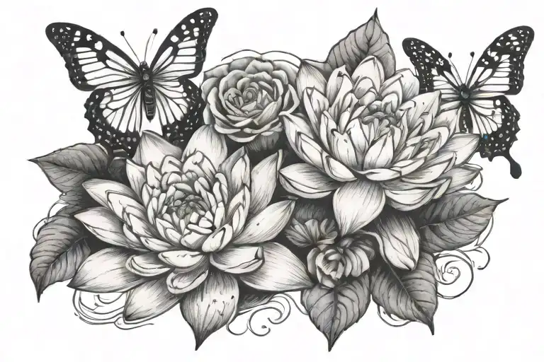 1 Water Lily Between 2 Rose With Butterflies Fluttering