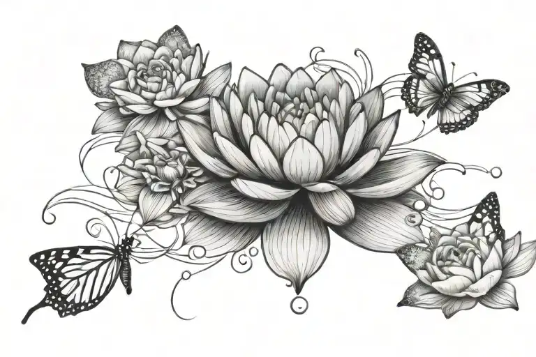 1 Water Lily Between 2 Rose With Butterflies Fluttering