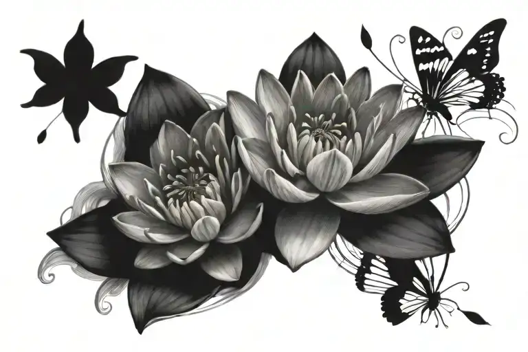 1 Water Lily Between 2 Rose Flowers With Butterflies Fluttering