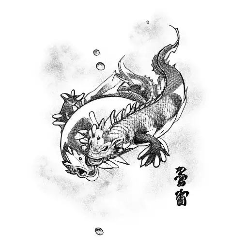 Koi Fish Beside A Dragon With Goku And Dragon Ball