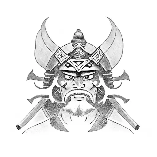 A Black-grey Tattoo Of A Samurai Warrior With An Ambigram Of Strength In Japanese