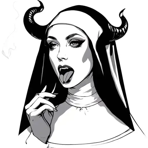 Sexy Gothic Nun Smoking With Horns With Tongue Out