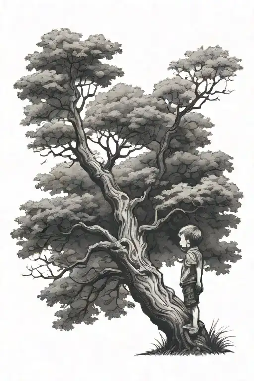 Little Boy Looking Up To Tall Tree Growing