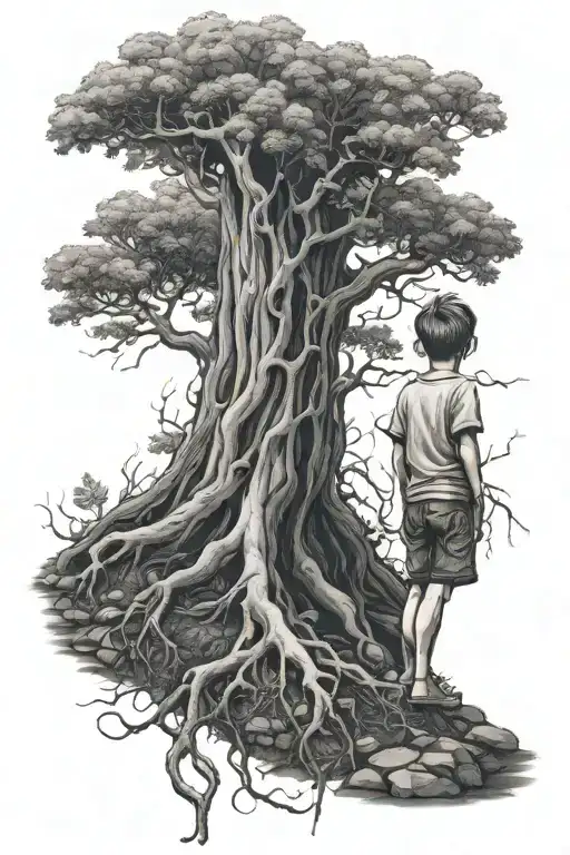 Little Boy Looking Up To Tall Poison Tree Roots Growing