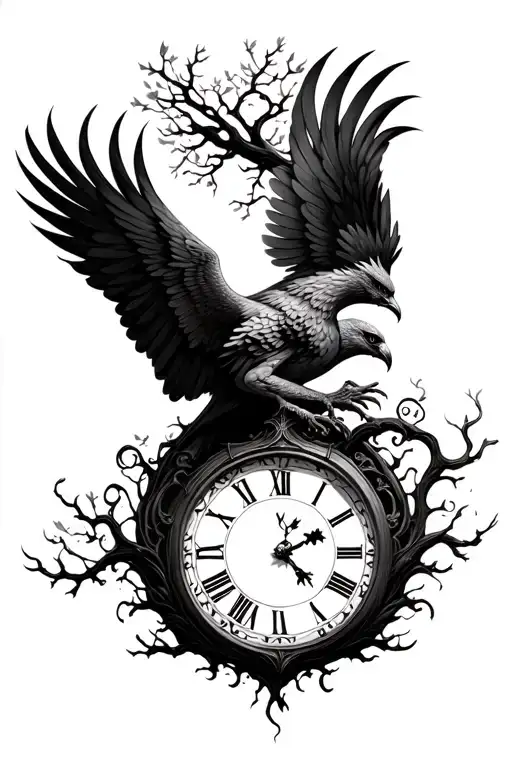 Rising Pheonix Flying With The Tree Of Life And A Clock For A Girl