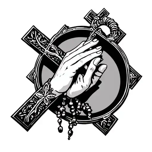 Cross With Rosary And Praying Hands