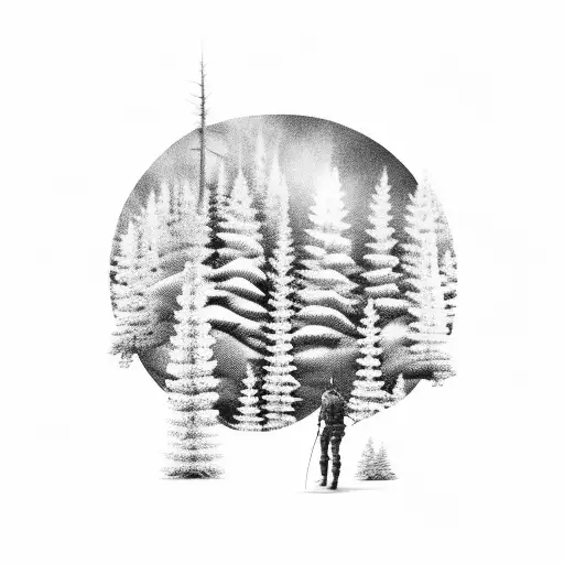 A Detailed Black-grey Forest Scene With A Hunter Aiming A Bow