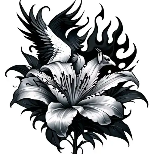 Lily Flower With A Pheonix Fire Bird Long Tatto