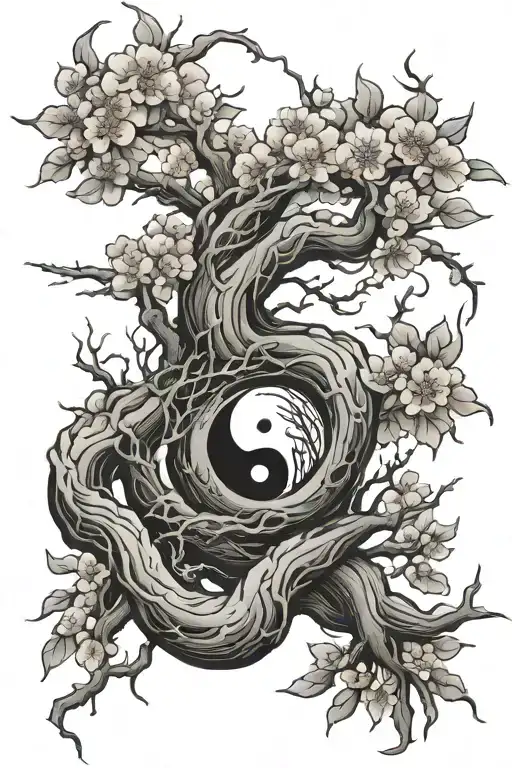 Ying Yang In Cherry Blossom Tree Roots Growing