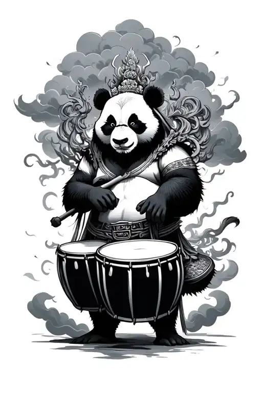 Panda Raijin God With Drums And Clouds