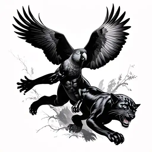 Black Panther Fighting A Parrot Flying