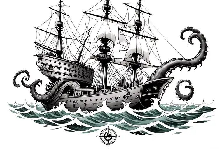 Kracken Attacking Ship With Small Nautical Compass And Ocean Waves