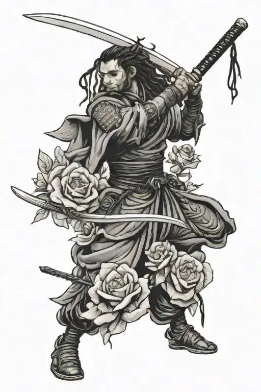 Black Samurai With Dreadlocks Tending Rose Garden With Katana