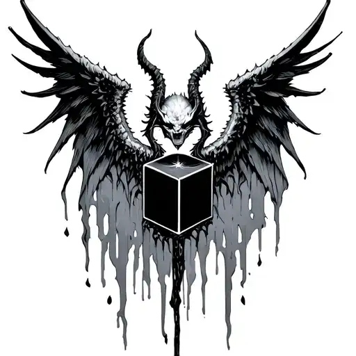 Gothic Demon Wings Spread Black Cube In Middle