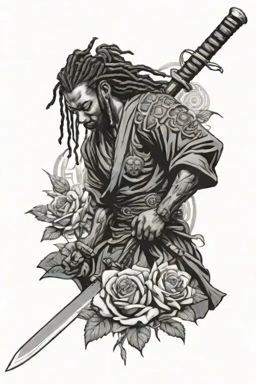 Black Samurai With Dreadlocks Tending Rose Plant With Katana