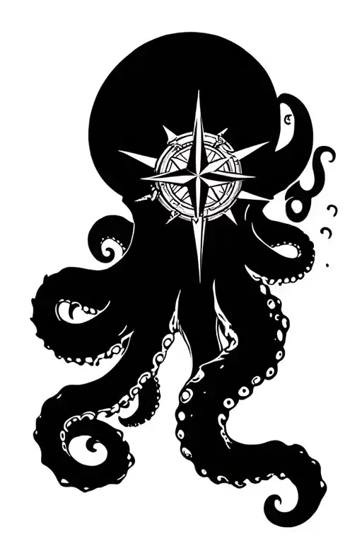 Angry Kracken Octopus In Ocean With Nautical Compass In Middle With Waves
