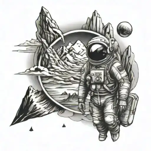 Travel Tattoo With Astronaut And Mountains Inside