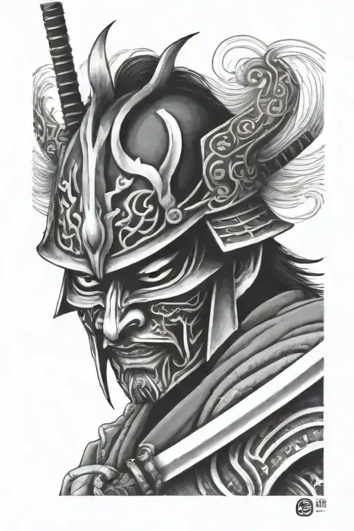 Closeup On Pride Samurai Mask Hiding His Katana Surrounded By Fire Waves