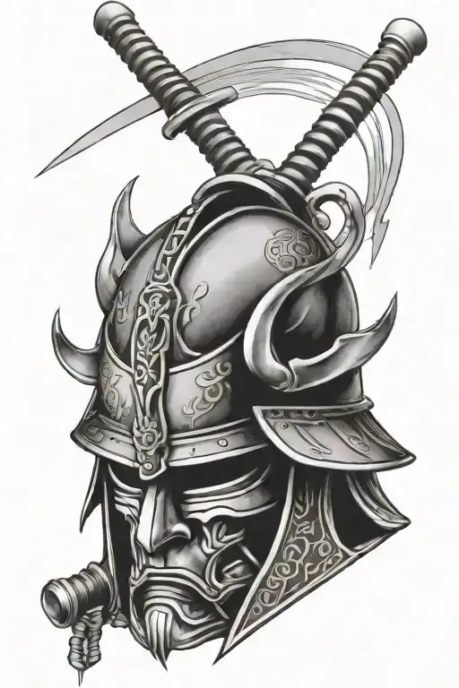 Samurai Helmet With 2 Katanas In The Background Crossing