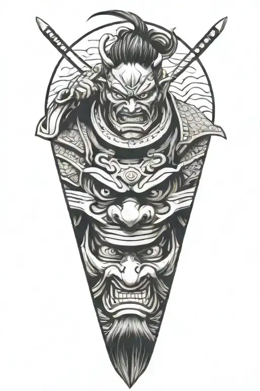 Closeup On Samurai In Oni Mask Surrounded In Wind With Katana In His Chest