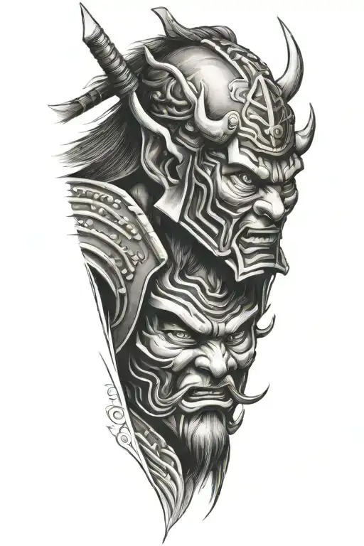 Closeup On Samurai In Oni Mask Surrounded In Wind Around Samurai Fading Dark