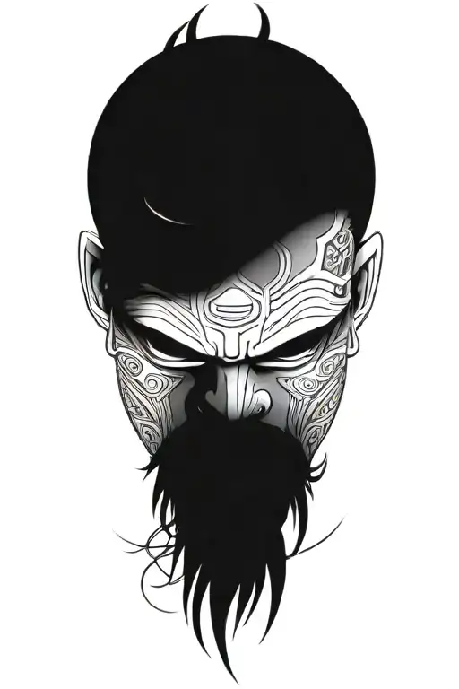 Closeup On Samurai In Oni Mask Surrounded In Wind Around Samurai Fading Dark