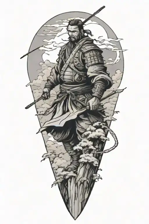 Ronin Standing On The Cliff Surrounded In Wind Around Samurai Fading Dark