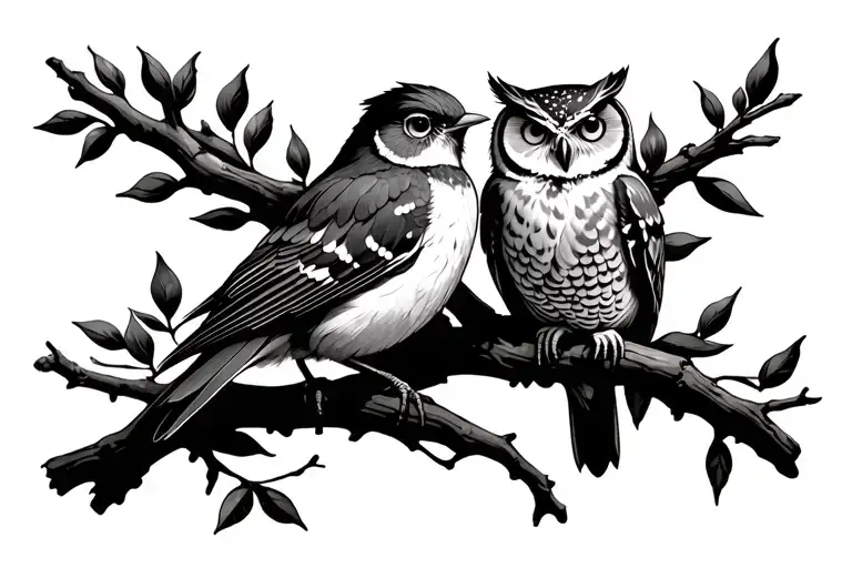 Robin And Owl Perched On A Branch