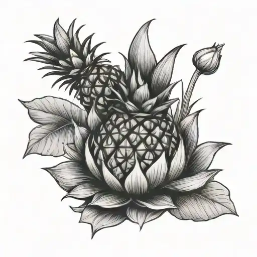Pineapple Surrounded By Lotus Flower