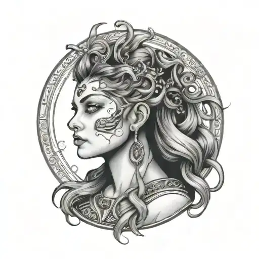 A Black And Grey Portrait Of A Powerful Wiccan Goddess With Intricate Hair Inspired By Cosmetology