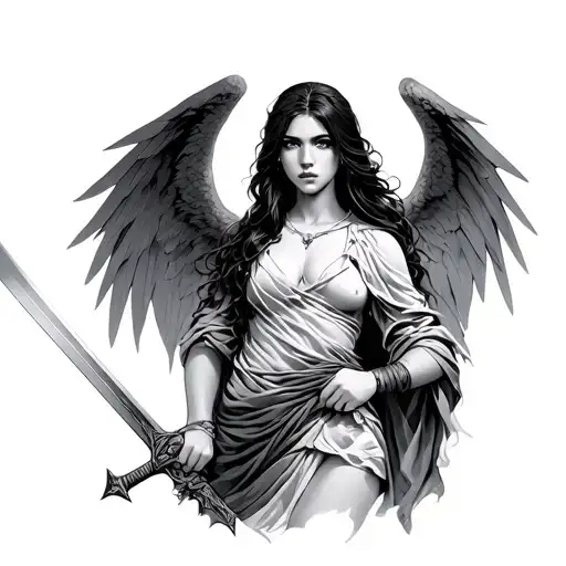 Female Angle With Draped Clothing Holding A Sword