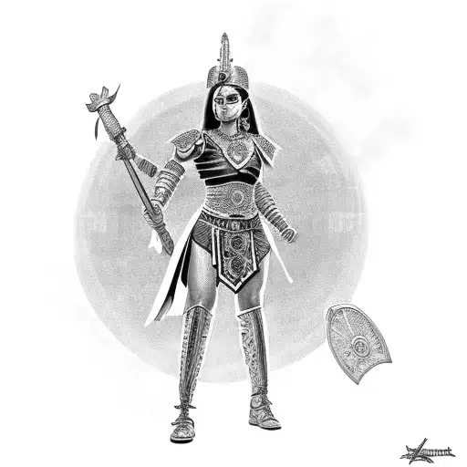 Aztec Princess Wearing Armor And Holding A Powerful Weapon In A Fierce Battle
