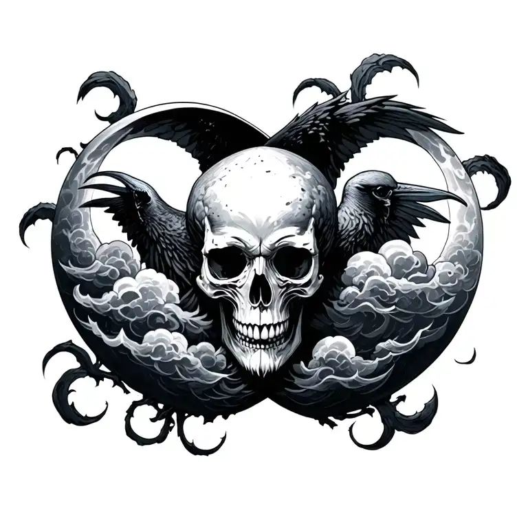 Raven Half Moon Skull Clouds