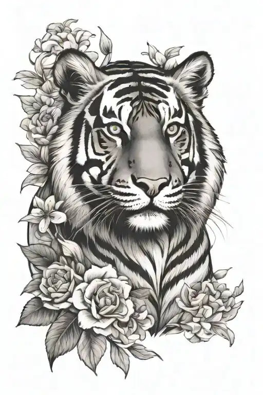 Tiger And Flowers Surrounding