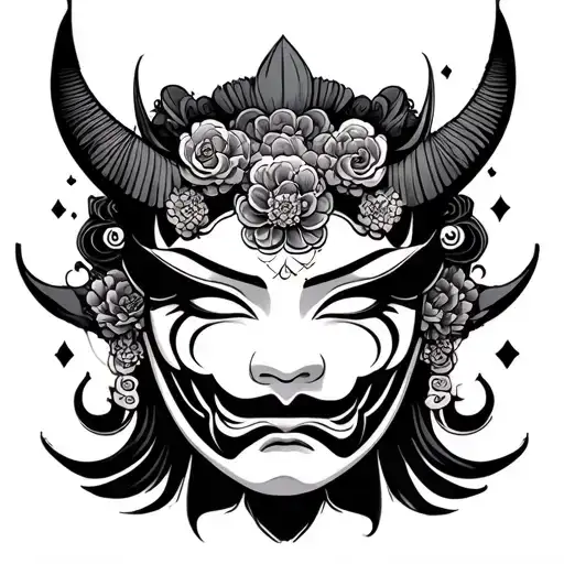 Oni Mask With A Face Of Geisha And Luna In The Background