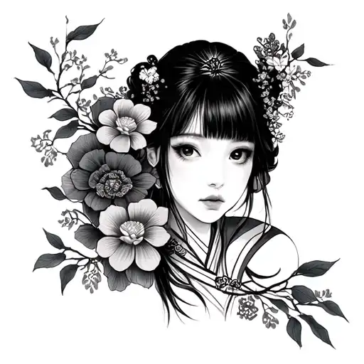 Japanese -Style Sleeve With A Portrait Of A Girl And A Bunch