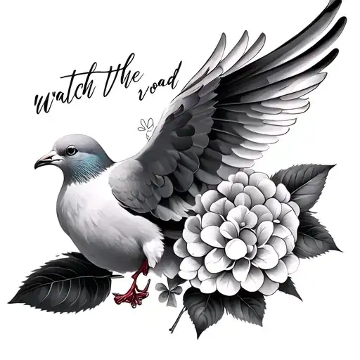 A Dove With A Hydrangea Flower And A Script Quote Saying Watch The Road