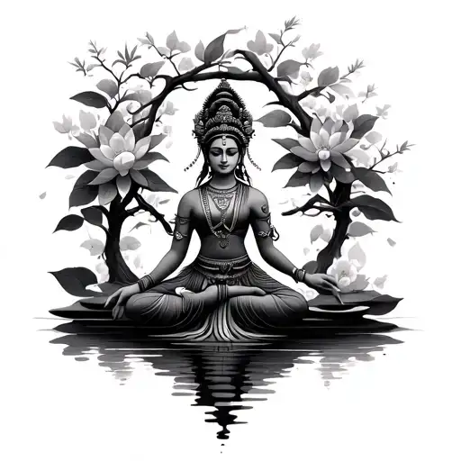 Apsara Dancer In The Back With Lotus And Cherry Blossom Tree Fade In On Top