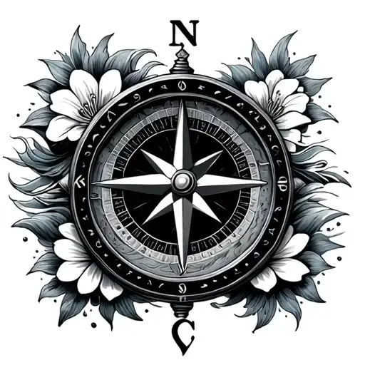 Compass With Waves Around The Compass And Hawaiin Flowers