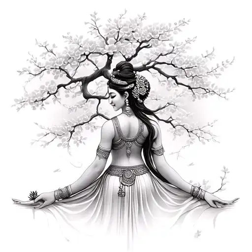 Apsara Dancer In The Back With Cherry Blossom Tree