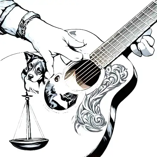 Acoustic Guitar With A Balance Of Justice A Hand And A Dog