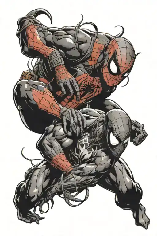 Spiderman Holding Onto Deadpool Holding Onto Venom